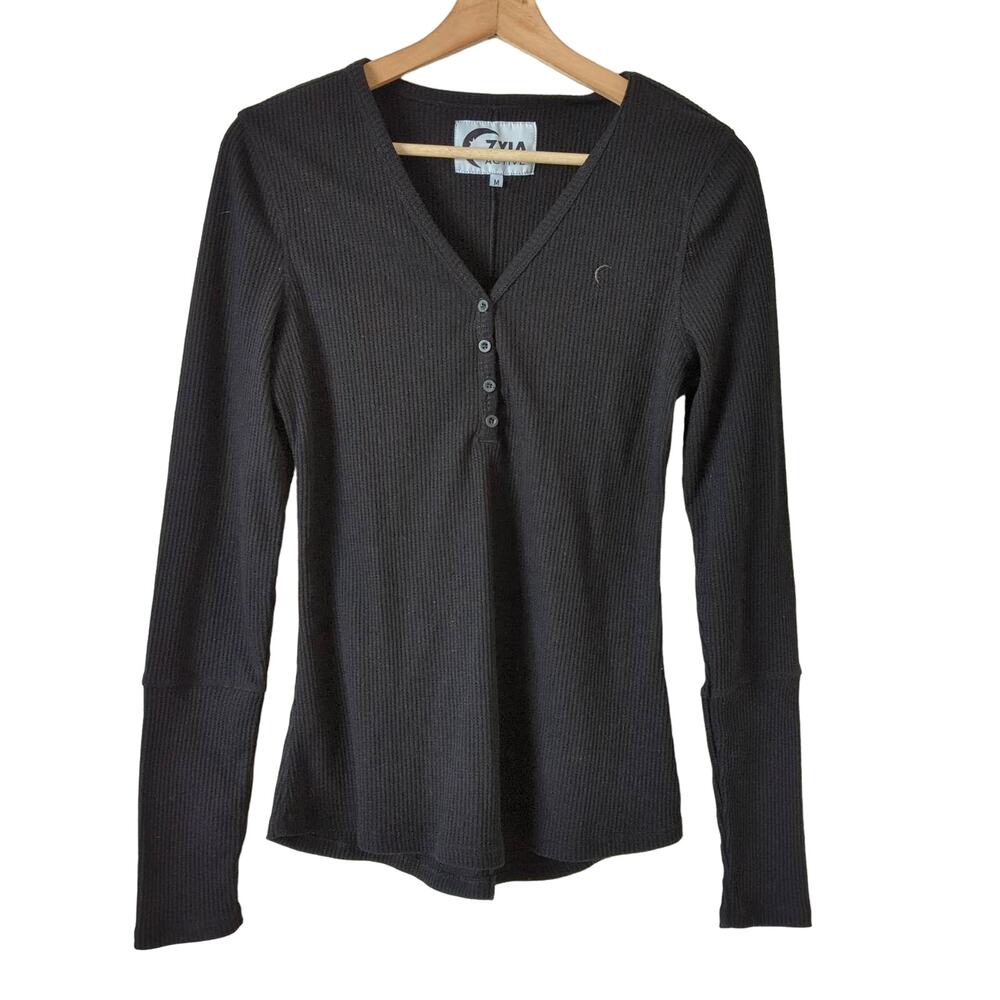 ZYIA Active Henley Long Sleeve Top Black‎ Womens Medium Ribbed Thermal Textured